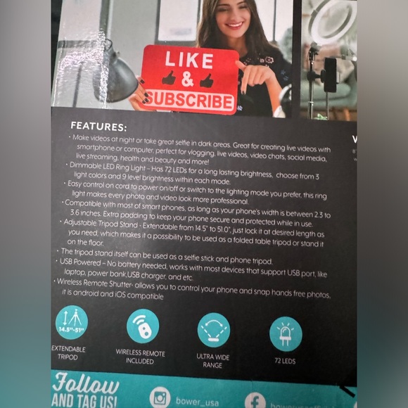 Bower 8”Selfie Ring Light Studio Extendable Tripod with wireless remote control - Picture 11 of 11